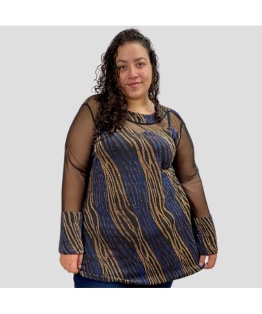 Tunique Noire à Motifs Bleus et Dorés avec Manches en Tulle - Mode GRANDE TAILLE