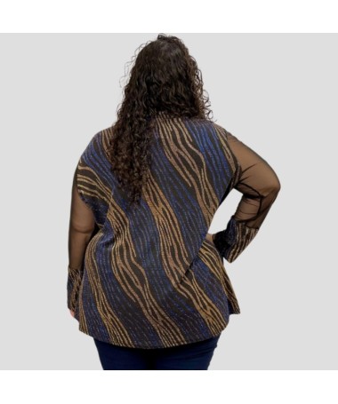 Tunique Noire à Motifs Bleus et Dorés avec Manches en Tulle - Mode GRANDE TAILLE