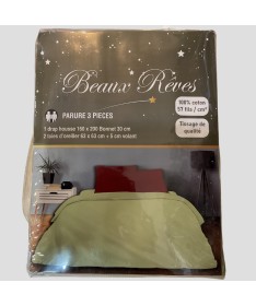 Parure de Lit Aurélie 3 pièce Vert d'eau/Bordeaux 1 drap housse 160x200 bonnets 30cm 2 taies d’oreiller 63x63cm + 5cm volant 