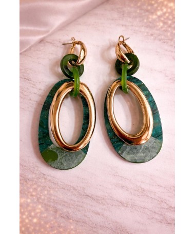 Boucles d'oreilles Ovale Superposé Vert Marbré