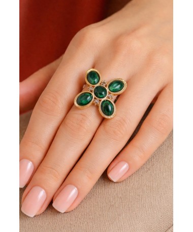 Bague Fleur acier inoxydable ajustable Verte